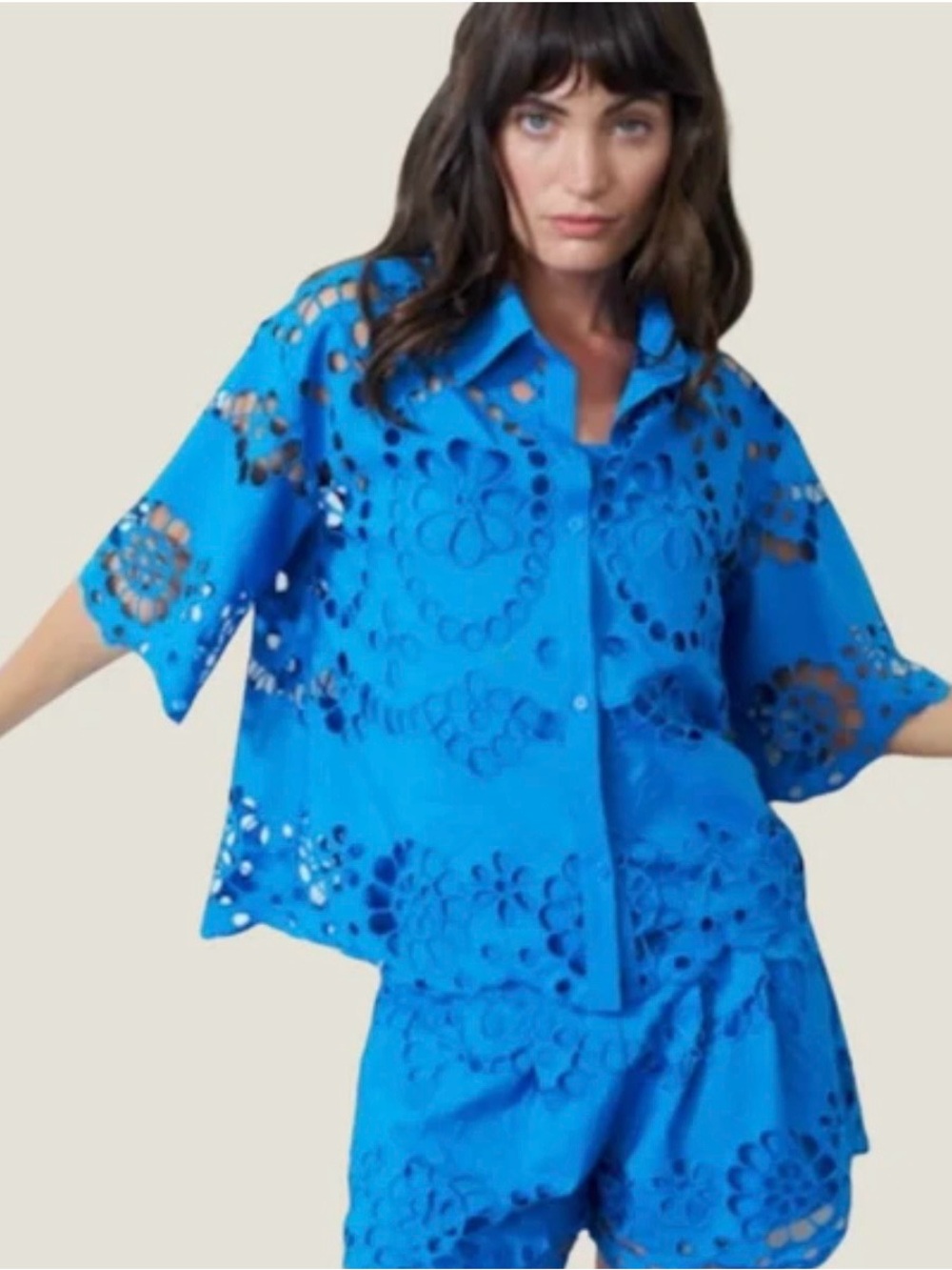 Eyelet Cutout Button-Down Shirt in Vivid Blue